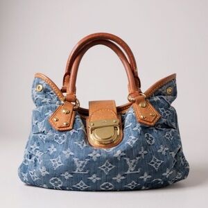 Louis Vuitton Monogram Denim Pleaty Bag Blue Vachetta Trim Handbag with receipt